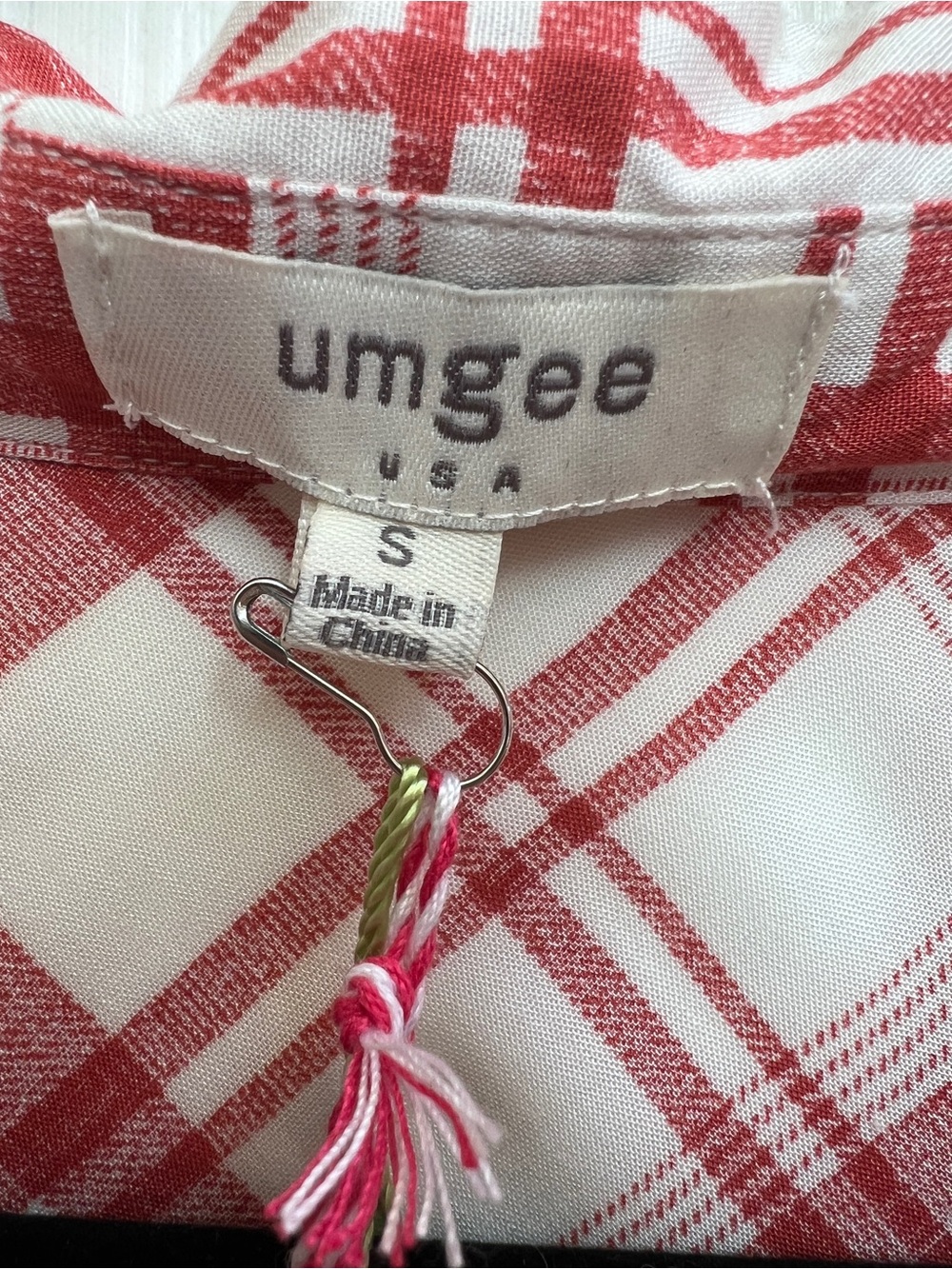 Umgee Plaid Button Front Shirt Dress Rayon Tie Waist Red White Small NWT Cottage - Picture 4 of 10